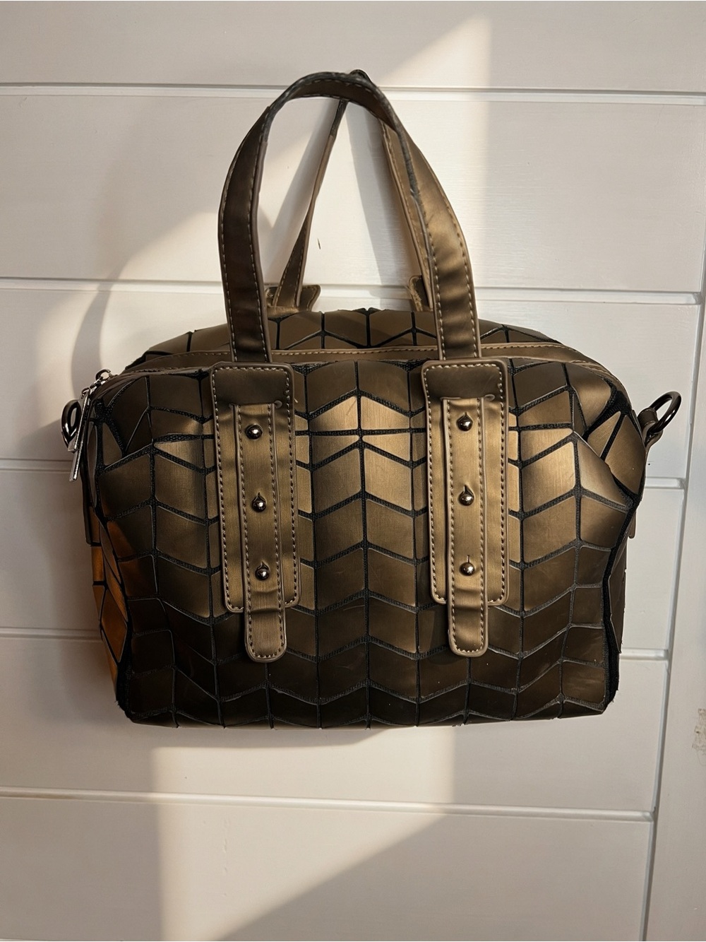 Patrizia Luca Milano Metallic Bronze Geometric Satchel Bag - Vibrant Blue Lining
